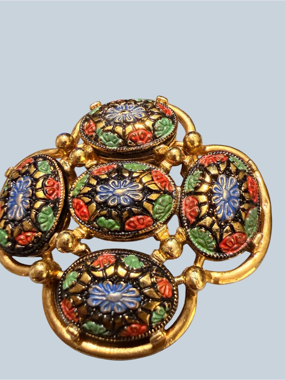 Sarah Coventry Hand Painted Gold-Tone Floral Enamel Brooch - Blue, Red, Green - Picture 11 of 11